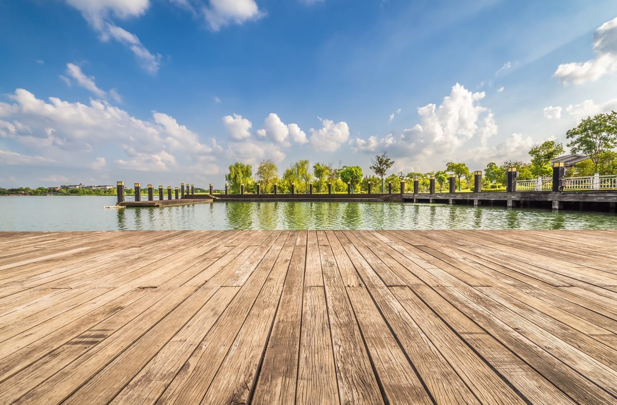 Wooden deck with tranquil lake view and lush trees under clear blue sky